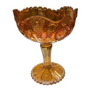 VTG Imperial Glass Amber Iridescent Compote Stand Bowl 8" x 7"